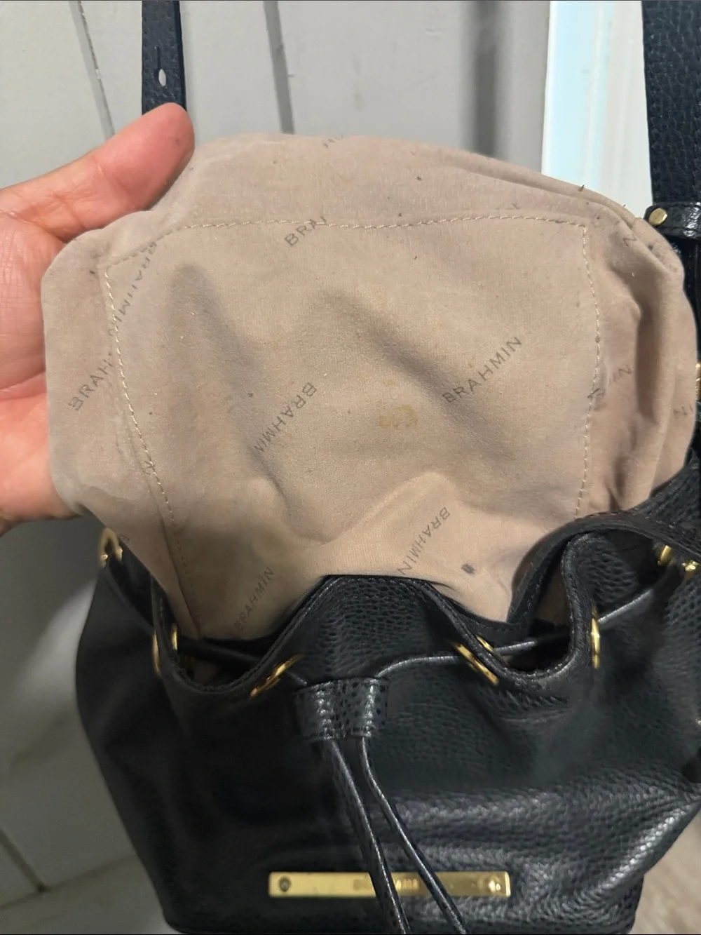 Brahmin Black Pebbled Leather Drawstring Hobo with Gold Hardware